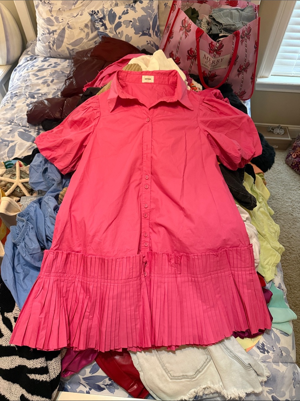 Hot Pink Aureum Puff Sleeve Pleated Dress - Picture 5 of 6